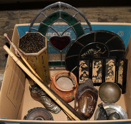 Mixed carvings, metalware etc